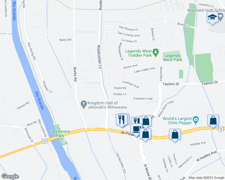 map of restaurants, bars, coffee shops, grocery stores, and more near 2977 Onate Road in Las Cruces