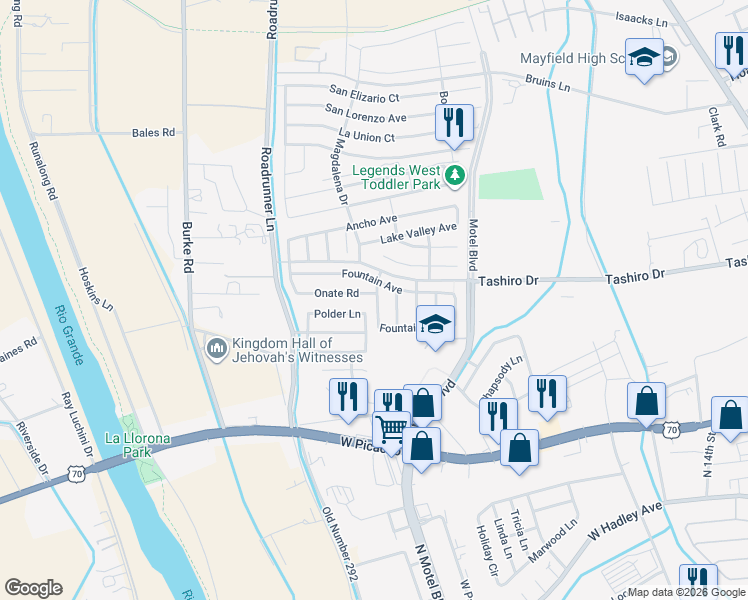 map of restaurants, bars, coffee shops, grocery stores, and more near 1396 Fountain Loop in Las Cruces