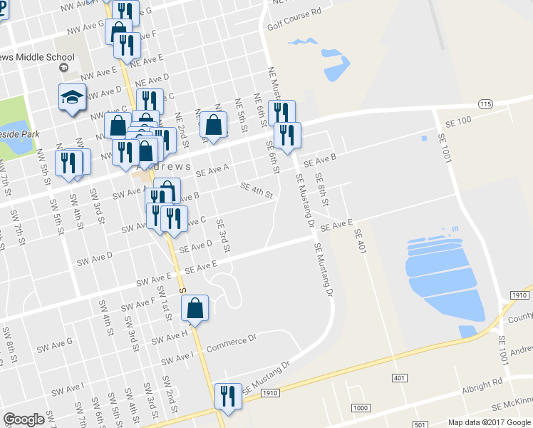 map of restaurants, bars, coffee shops, grocery stores, and more near 404 Southeast 6th Street in Andrews
