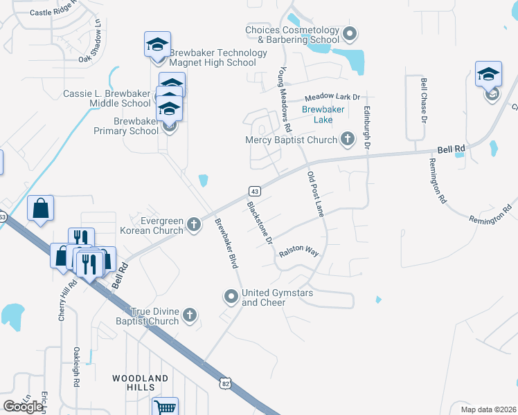 map of restaurants, bars, coffee shops, grocery stores, and more near 5937 Bramblewood Place in Montgomery