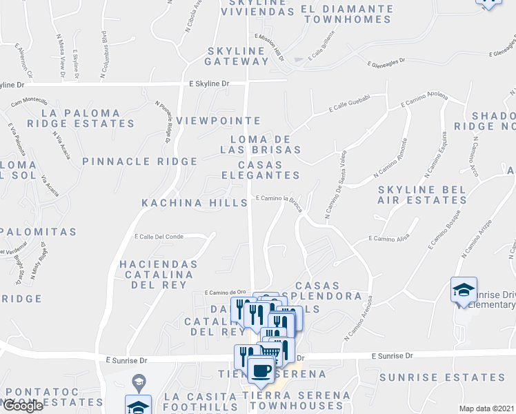 map of restaurants, bars, coffee shops, grocery stores, and more near 6011 North Camino Hombre De Oro in Tucson