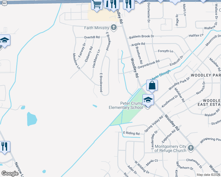 map of restaurants, bars, coffee shops, grocery stores, and more near 3383 E Brookwood in Montgomery