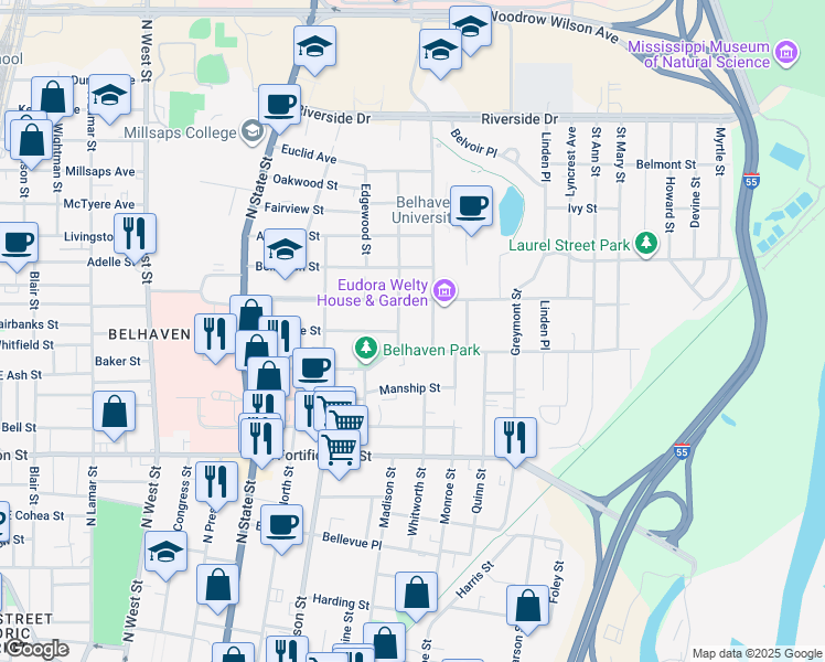 map of restaurants, bars, coffee shops, grocery stores, and more near in Jackson