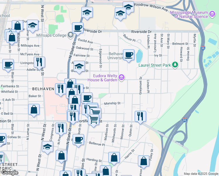 map of restaurants, bars, coffee shops, grocery stores, and more near in Jackson
