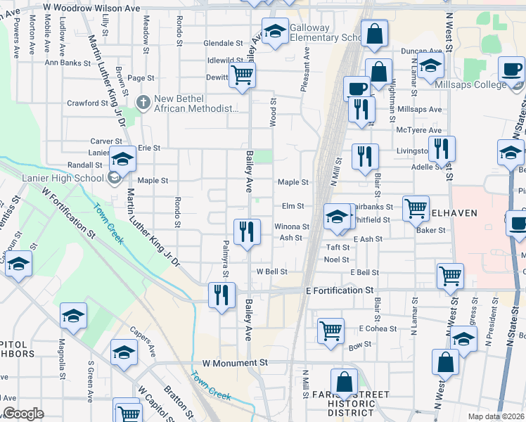 map of restaurants, bars, coffee shops, grocery stores, and more near 221 Jessamine Street in Jackson