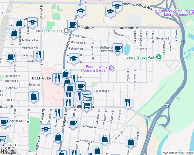 map of restaurants, bars, coffee shops, grocery stores, and more near in Jackson