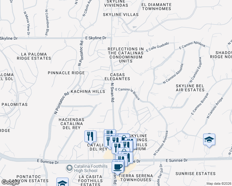 map of restaurants, bars, coffee shops, grocery stores, and more near 6011 North Camino Hombre De Oro in Tucson