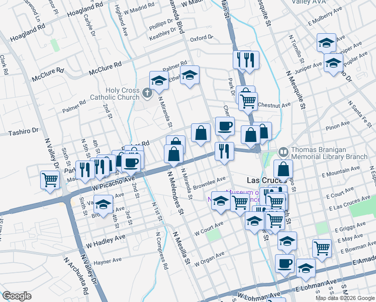 map of restaurants, bars, coffee shops, grocery stores, and more near 950 Hess Terrace in Las Cruces
