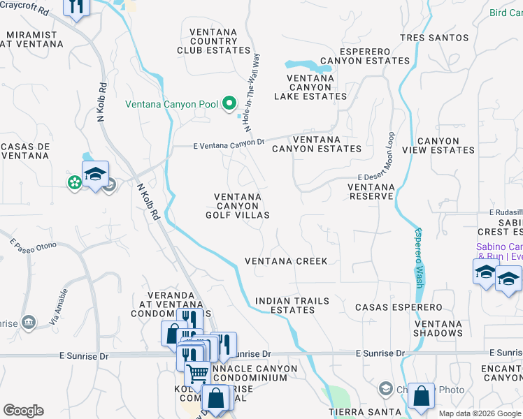 map of restaurants, bars, coffee shops, grocery stores, and more near 5984 North Coatimundi Drive in Tucson