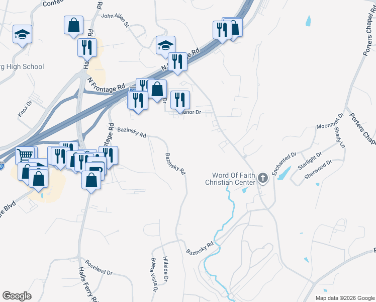 map of restaurants, bars, coffee shops, grocery stores, and more near 203 Bazinsky Rd in Vicksburg