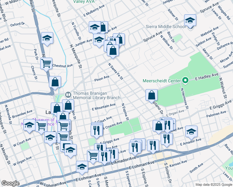 map of restaurants, bars, coffee shops, grocery stores, and more near 940 East Mountain Avenue in Las Cruces