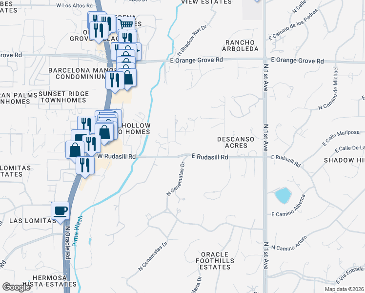 map of restaurants, bars, coffee shops, grocery stores, and more near 201 East Rudasill Road in Tucson