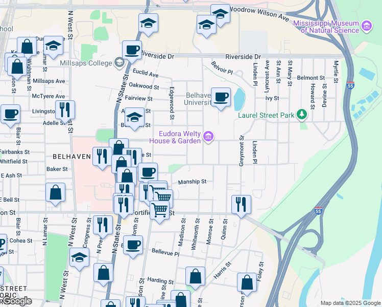 map of restaurants, bars, coffee shops, grocery stores, and more near in Jackson