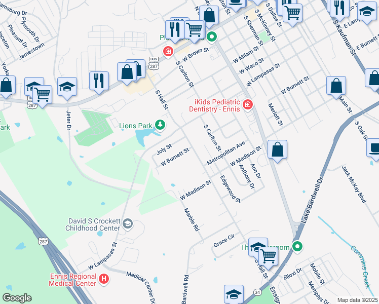 map of restaurants, bars, coffee shops, grocery stores, and more near 803 South Hall Street in Ennis