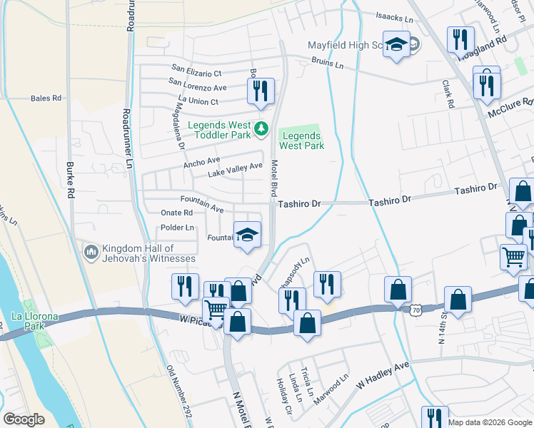 map of restaurants, bars, coffee shops, grocery stores, and more near 1266 Fountain Loop in Las Cruces