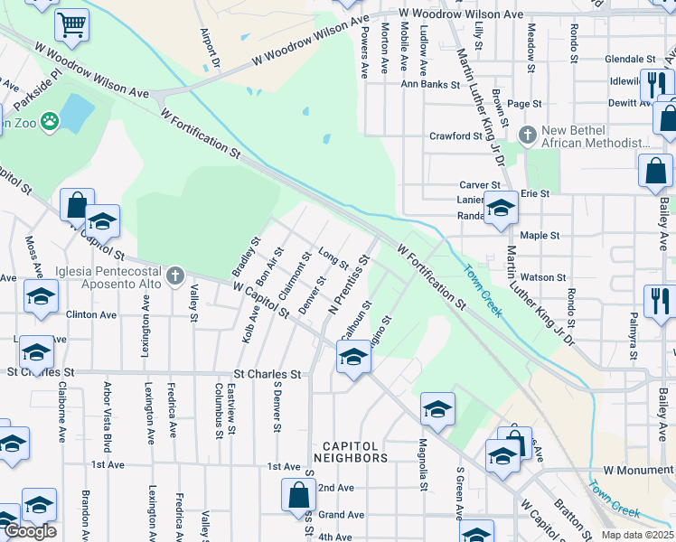 map of restaurants, bars, coffee shops, grocery stores, and more near 240 Denver Street in Jackson