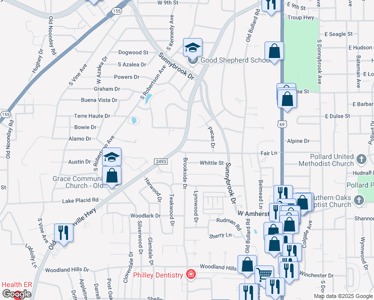 map of restaurants, bars, coffee shops, grocery stores, and more near 701 Fair Lane in Tyler