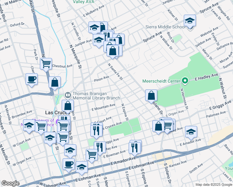 map of restaurants, bars, coffee shops, grocery stores, and more near 940 East Mountain Avenue in Las Cruces