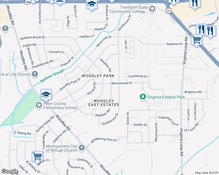 map of restaurants, bars, coffee shops, grocery stores, and more near 3929 Malabar Road in Montgomery