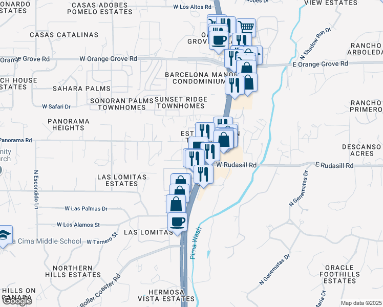 map of restaurants, bars, coffee shops, grocery stores, and more near 513 West Panorama Road in Tucson