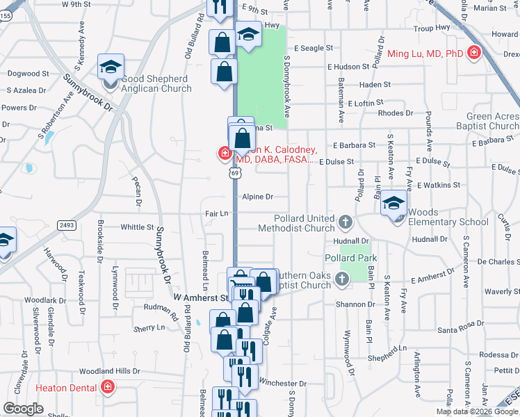map of restaurants, bars, coffee shops, grocery stores, and more near 203 Ridgecrest Drive in Tyler