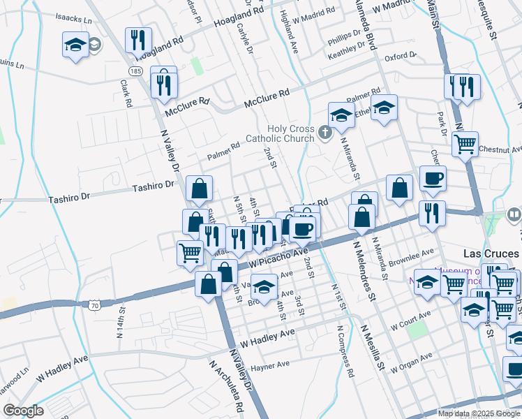map of restaurants, bars, coffee shops, grocery stores, and more near 1015 Davis Avenue in Las Cruces