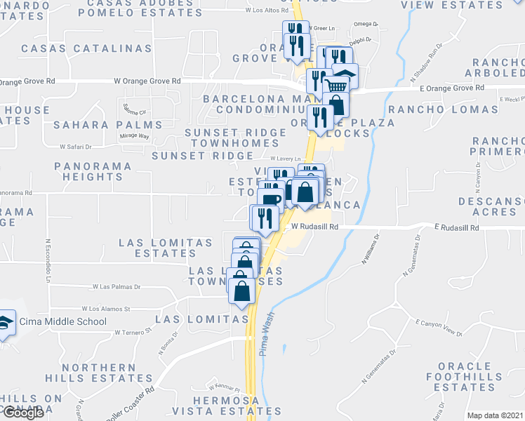 map of restaurants, bars, coffee shops, grocery stores, and more near 6001 Arizona 77 in Tucson