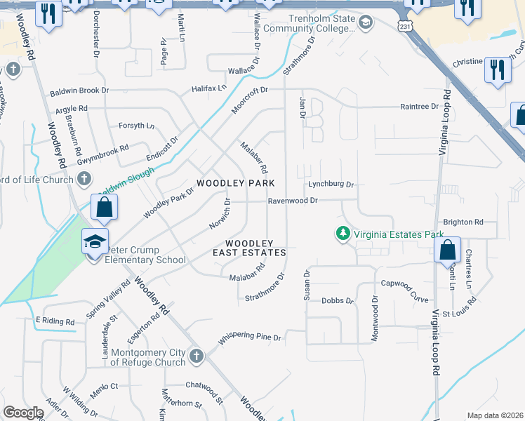 map of restaurants, bars, coffee shops, grocery stores, and more near 3929 Malabar Road in Montgomery