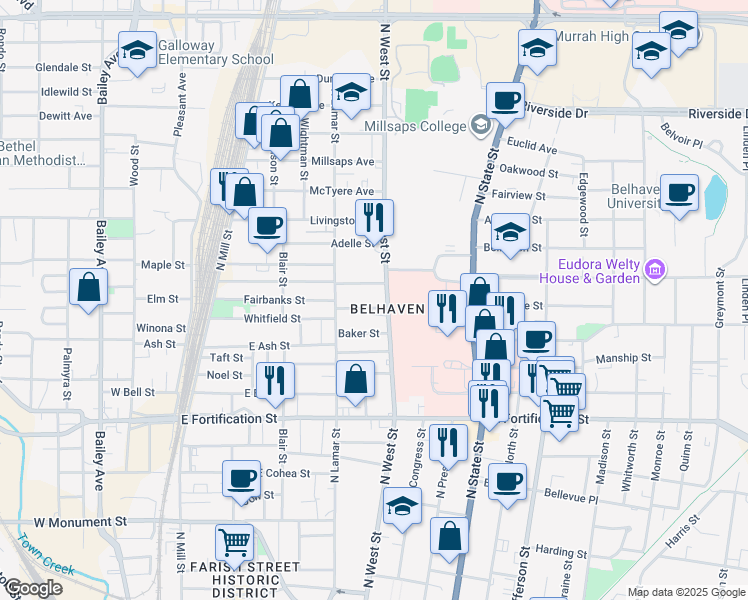 map of restaurants, bars, coffee shops, grocery stores, and more near 337 Alexander Street in Jackson