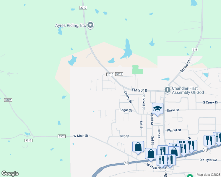 map of restaurants, bars, coffee shops, grocery stores, and more near 801 Farm to Market Road 2010 in Chandler