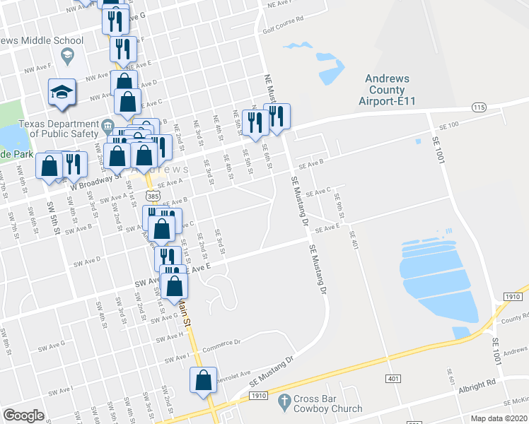 map of restaurants, bars, coffee shops, grocery stores, and more near 402 Southeast 6th Street in Andrews
