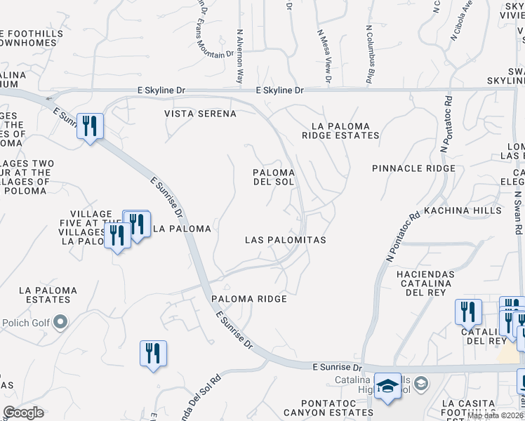 map of restaurants, bars, coffee shops, grocery stores, and more near 6060 North Vía Del Tecaco in Tucson