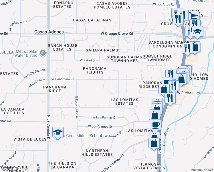 map of restaurants, bars, coffee shops, grocery stores, and more near 985 West Panorama Road in Tucson