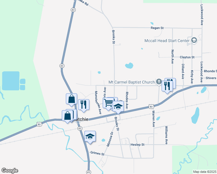 map of restaurants, bars, coffee shops, grocery stores, and more near 106 Davis Avenue in Pelahatchie