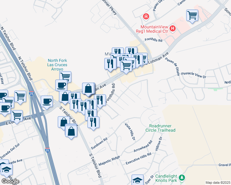 map of restaurants, bars, coffee shops, grocery stores, and more near 703 Horizon View Drive in Las Cruces