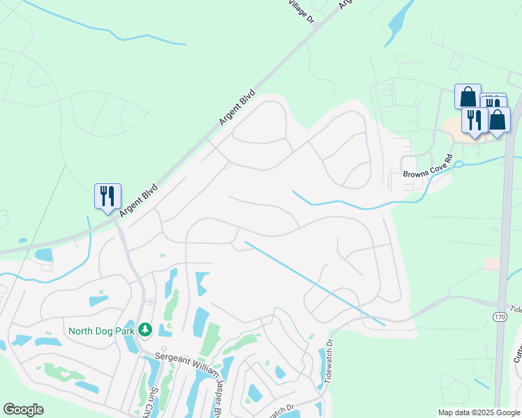 map of restaurants, bars, coffee shops, grocery stores, and more near 170 Northlake Village Court in Bluffton
