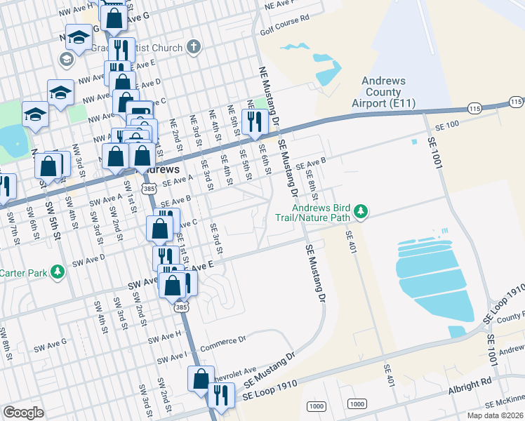 map of restaurants, bars, coffee shops, grocery stores, and more near 408 Southeast 6th Street in Andrews