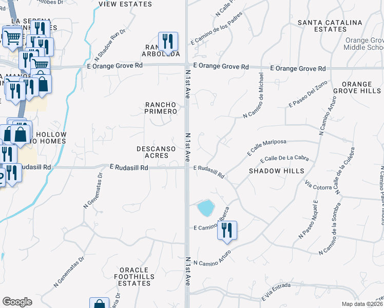 map of restaurants, bars, coffee shops, grocery stores, and more near 701 East Rudasill Road in Tucson
