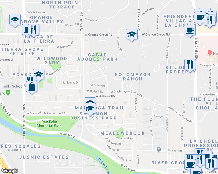 map of restaurants, bars, coffee shops, grocery stores, and more near 2714 West Rudasill Road in Tucson
