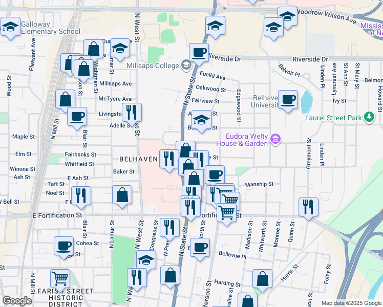 map of restaurants, bars, coffee shops, grocery stores, and more near 741 Gillespie Street in Jackson