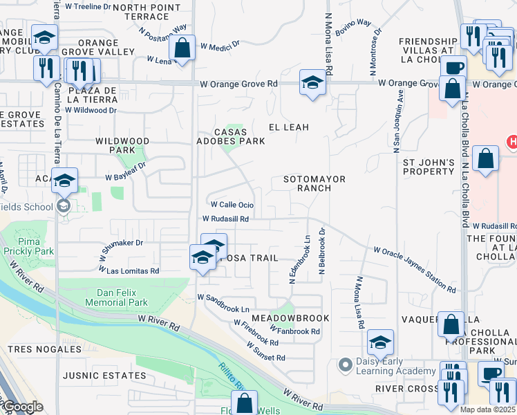 map of restaurants, bars, coffee shops, grocery stores, and more near 2714 West Rudasill Road in Tucson
