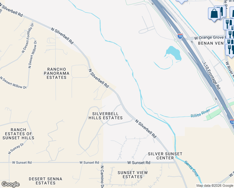 map of restaurants, bars, coffee shops, grocery stores, and more near 6056 North Silverbell Road in Tucson