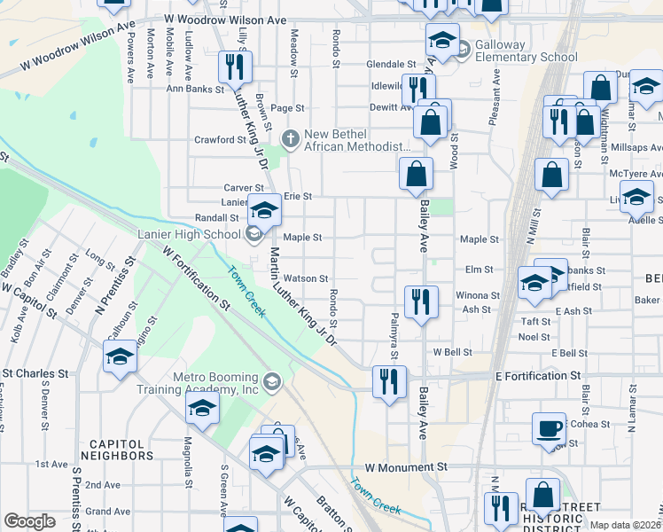 map of restaurants, bars, coffee shops, grocery stores, and more near 623 Watson Street in Jackson