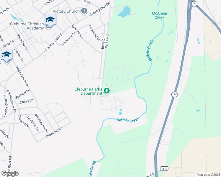 map of restaurants, bars, coffee shops, grocery stores, and more near 1509 Park Road 21 in Cleburne