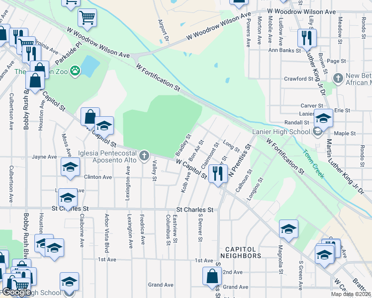 map of restaurants, bars, coffee shops, grocery stores, and more near 136 Bradley Street in Jackson