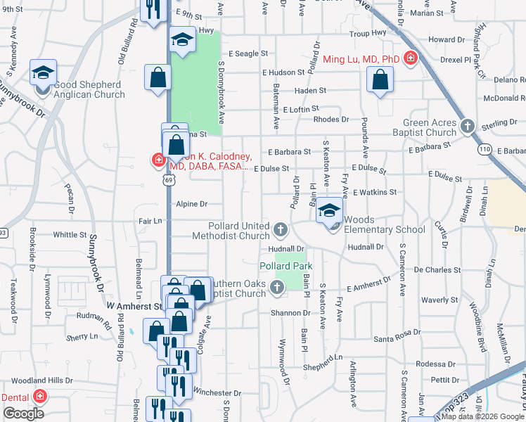 map of restaurants, bars, coffee shops, grocery stores, and more near 600 Clyde Drive in Tyler