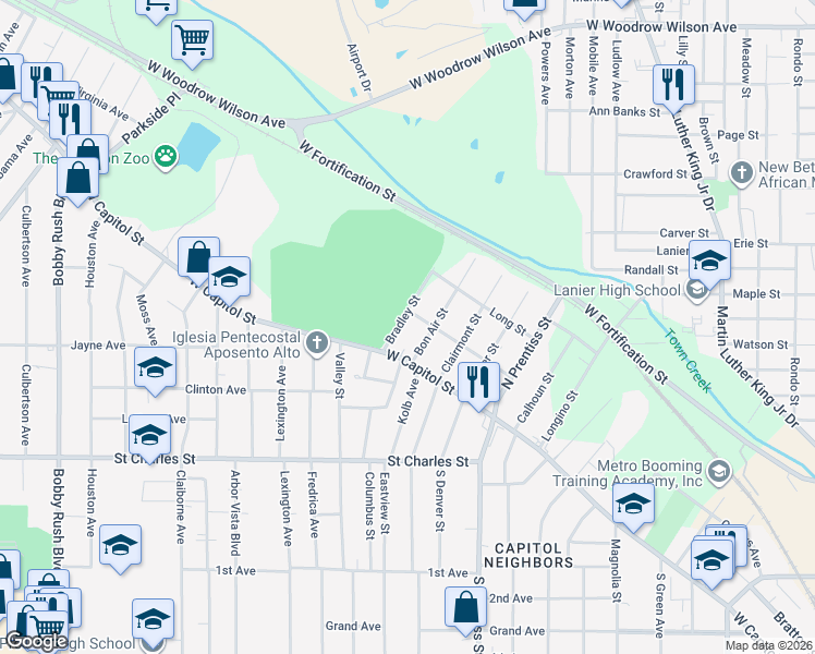 map of restaurants, bars, coffee shops, grocery stores, and more near 144 Bradley Street in Jackson