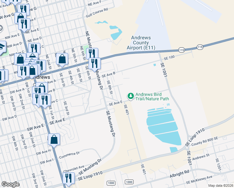 map of restaurants, bars, coffee shops, grocery stores, and more near 9 Southeast Ave C in Andrews