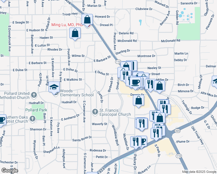 map of restaurants, bars, coffee shops, grocery stores, and more near 2931 Birdwell Drive in Tyler