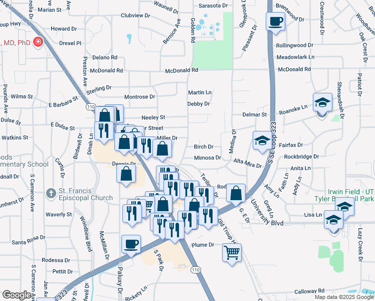 map of restaurants, bars, coffee shops, grocery stores, and more near 2909 Birch Circle in Tyler